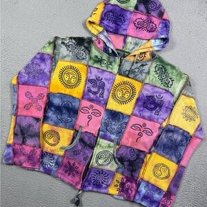 Kathmandu Imports patchwork hippie sun,‎ moon, and Om symbols sweatshirt